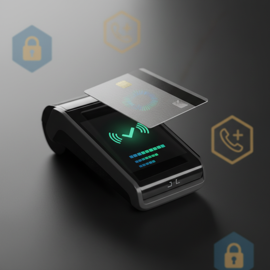 A polished, contactless payment terminal on a dark matte counter, its small screen glowing with a simple, green checkmark and stylized, non-text status bars that feel educational and reassuring. A slim, metallic card hovers just above the terminal, frozen mid-tap to emphasize the digital payment moment. Soft studio lighting from above creates clean highlights on the plastic and brushed metal surfaces, with subtle reflections suggesting high quality and reliability. In the blurred background, abstract iconography of locks, shields, and a helpline symbol formed by shapes adds to the trust and security theme. Photographic realism, slightly elevated angle, balanced composition, modern and professional mood.