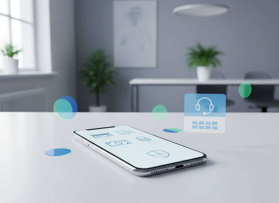 A sleek, glass-fronted smartphone lying on a clean white desk, its screen displaying a bright, minimalist digital wallet interface with stylized icons for cards, bills, and a subtle shield symbol for security. Around it, there are abstract, non-text notification bubbles and a simple infographic-style helpline panel represented by a headset icon and numbers made of geometric shapes, suggesting support without readable text. Soft daylight from a nearby window casts gentle reflections on the phone’s polished metal edges. The background fades into a smooth, cool-toned blur of a modern office environment. Photographic realism, eye-level composition, shallow depth of field, and a calm, trustworthy atmosphere emphasizing safe, accessible digital payments.