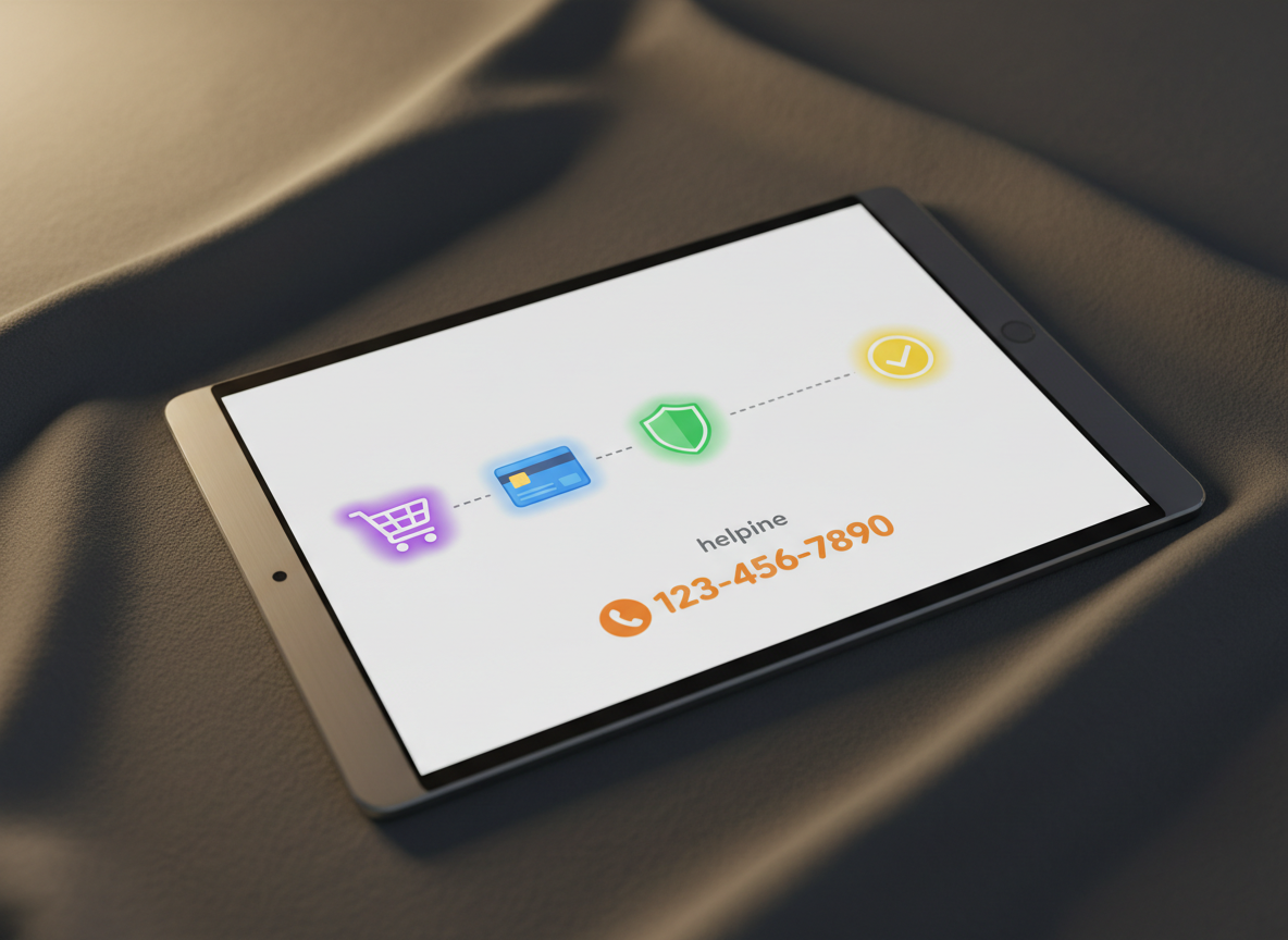 A close-up of a tablet resting on a textured grey fabric surface, its screen showing a step-by-step digital payment flow using clean, colorful icons instead of words: a shopping cart, a chip card, a shield, and a confirmation tick, arranged like an educational pathway. Beneath the final icon, a clear helpline area is visualized by a bright call symbol and number-shaped blocks. Soft, warm indoor lighting from a nearby lamp creates gentle shadows in the fabric folds and a cozy, reassuring glow on the tablet’s metal frame. Photographic realism, slightly angled top-down composition, shallow depth of field, evoking clarity, accessibility, and support for users learning about digital payments.